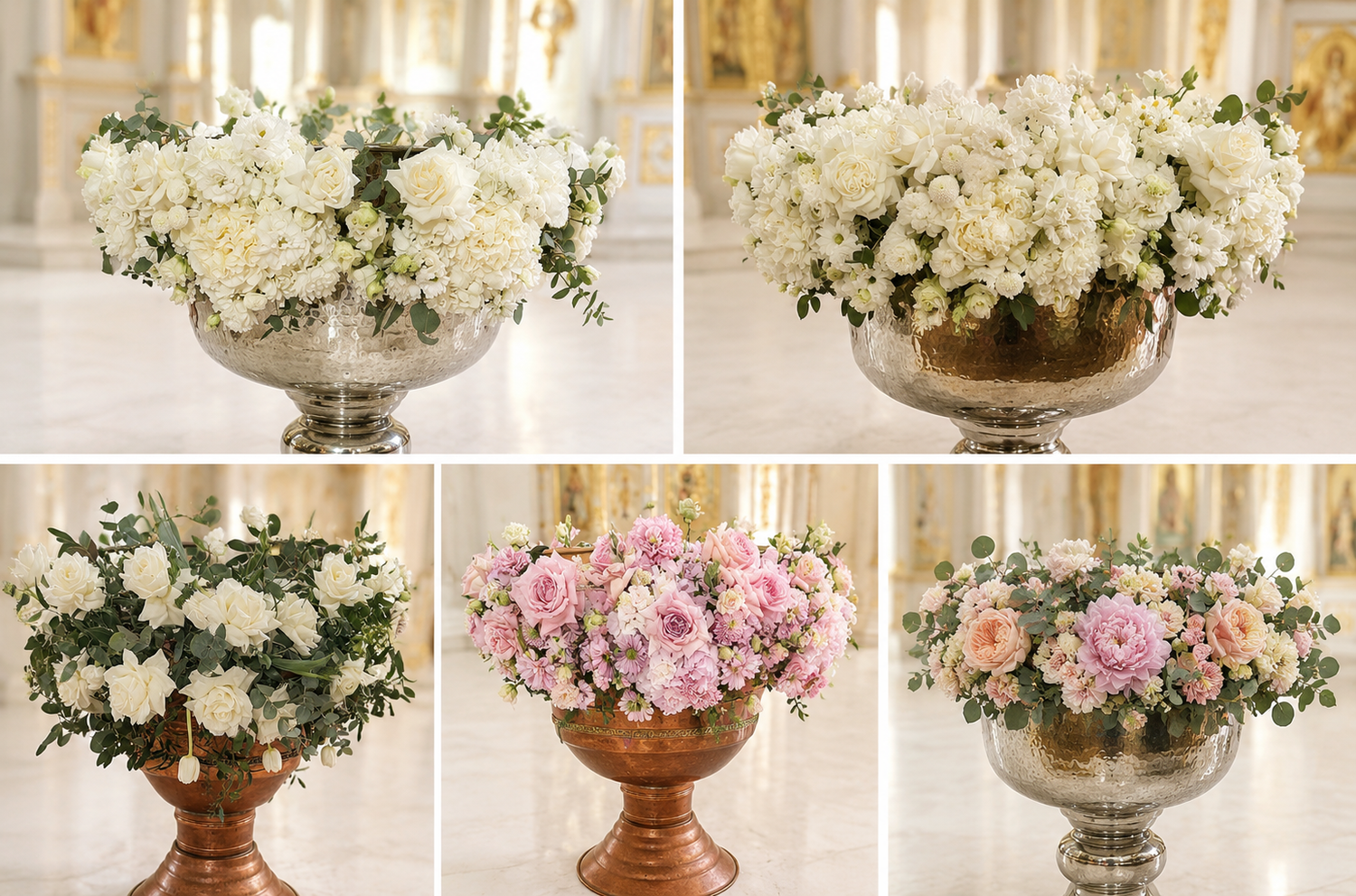Aranjamente florale pentru cristelniță în vase metalice, decor elegant pentru ceremonii speciale.