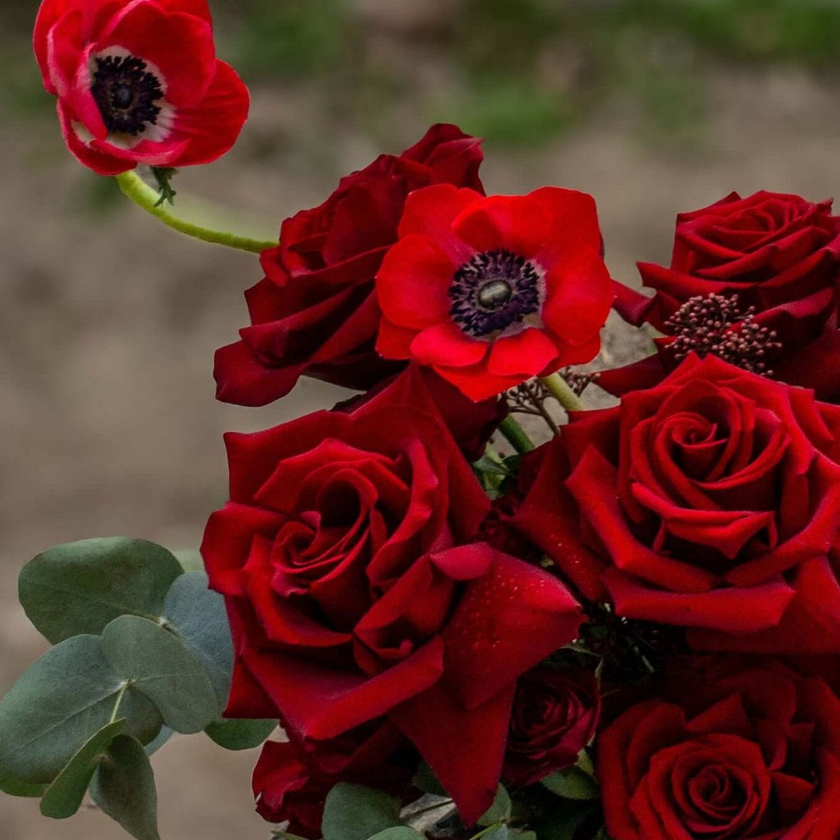 Aranjament floral “Tu esti totul meu” — detaliu al trandafirilor și anemonelor