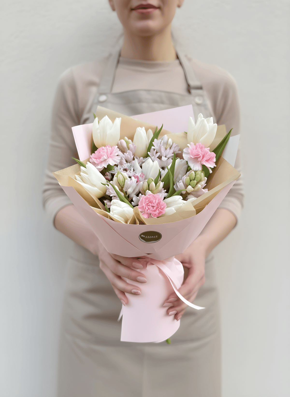 Buchet de flori Spring Delight — buchet pastel ținut în mâini