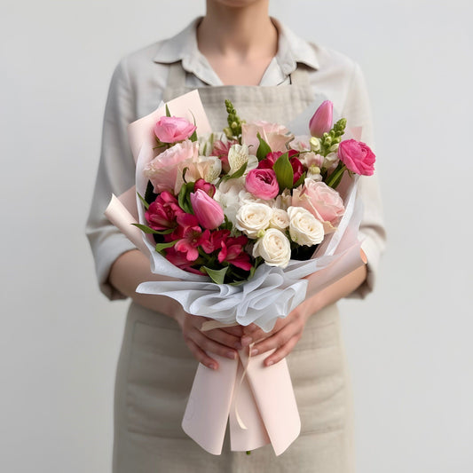 Floraria Desiree buchet _flori Buchet Romantic Blush Garden cu Miniroze și Lalele