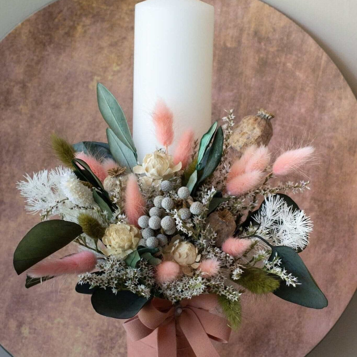 Pachet nunta flori stabilizate Greenary — lumânare cu decor asortat