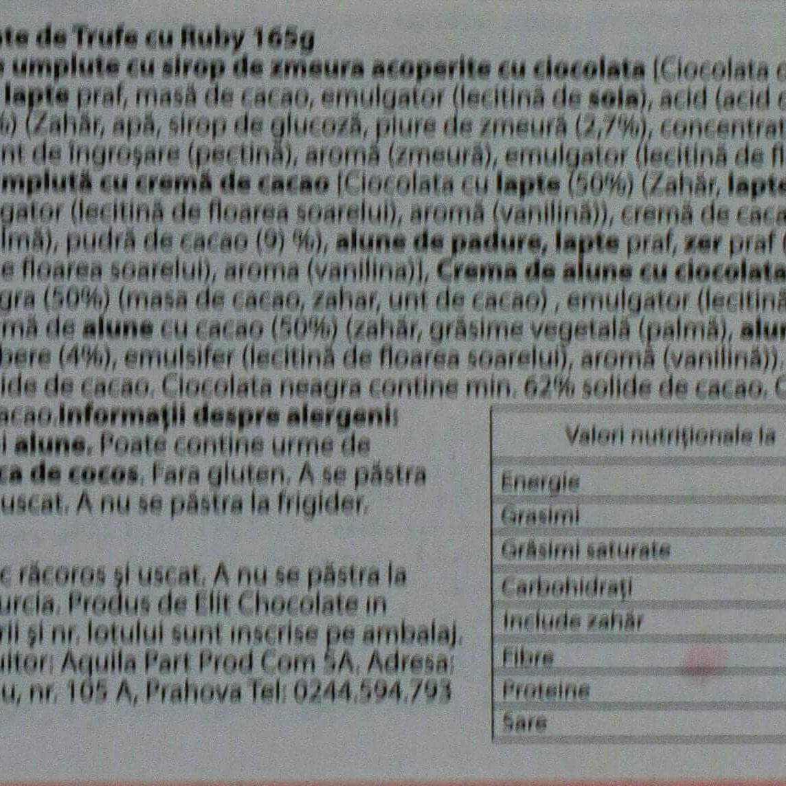 Trufe ciocolata 165g — etichetă cu ingrediente și informații nutriționale